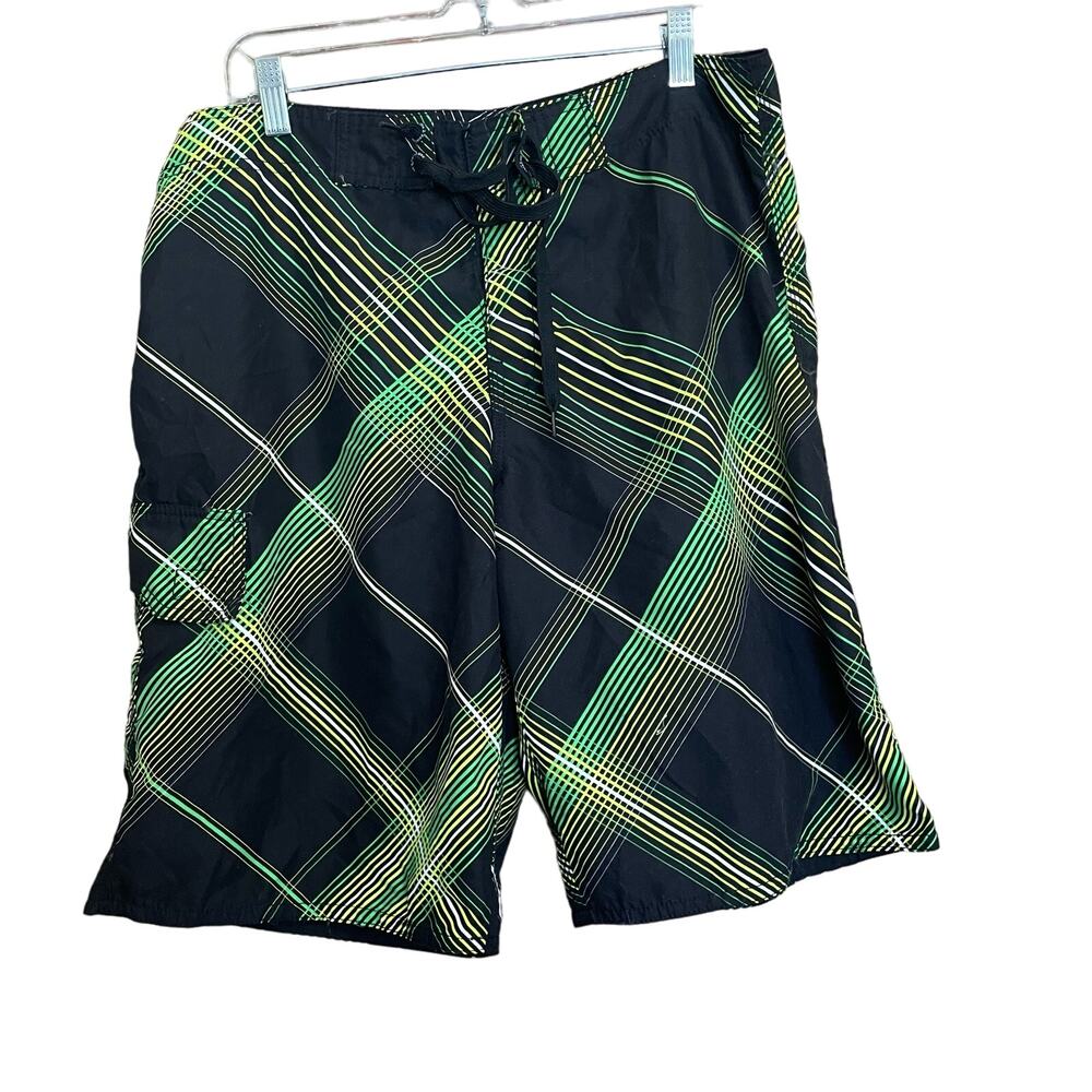 Point Zero Board  Shorts Size Large Plaid Black‎ Green Yellow White Swimwear